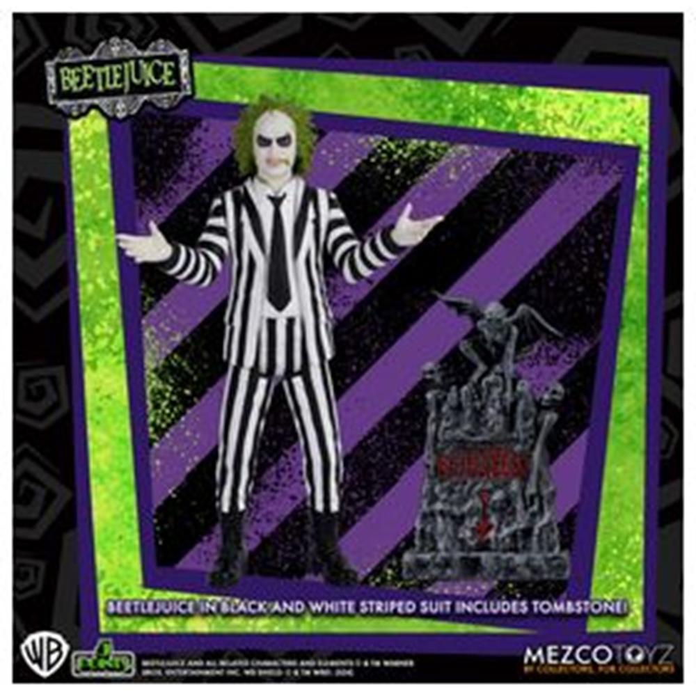 Figura Mezco Toyz Beetlejuice Striped Suit 9,5 cm con Lápida Decorativa