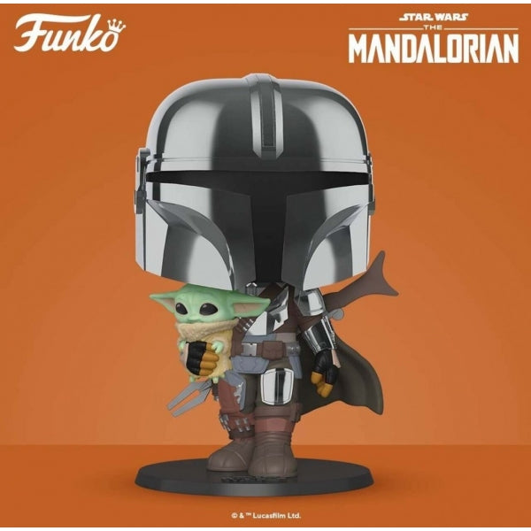 Funko Pop Star Wars El Mandaloriano XL con Baby Yoda - Armadura Cromática 25 cm