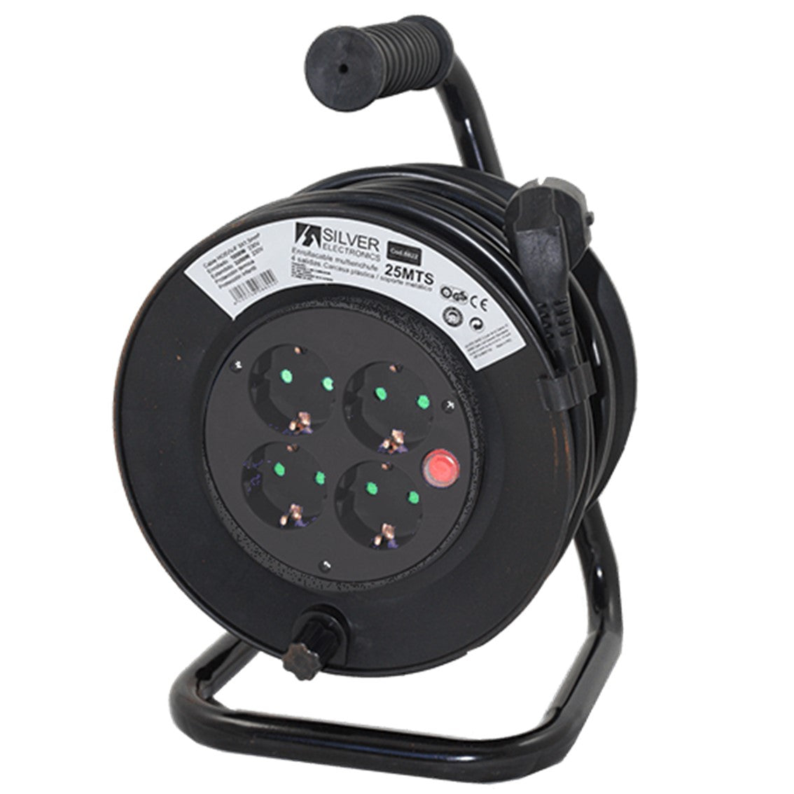Regleta Alargadera Enrollacables Negra 4 Tomas - 50m, 16A, 250V