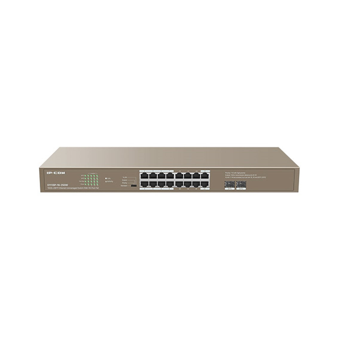Conmutador Ethernet Tenda G1118P-16-250W de 16 Puertos Gigabit PoE con 2 Puertos SFP