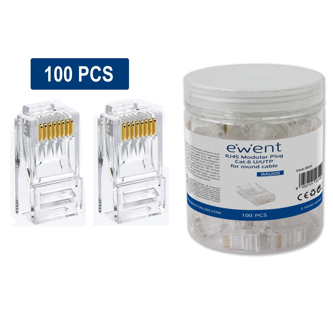 Conector RJ45 Ewent IM1205 CAT 6 U/UTP para cables redondos - 100 unidades