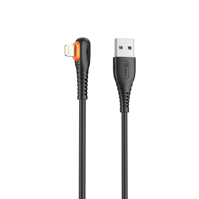 Cable Qcharx London USB A a Lightning 3A - 1m Codo PVC Negro