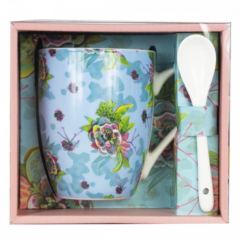 Taza de Cerámica con Cuchara Enesco - Diseño Floral de Michelle Allen