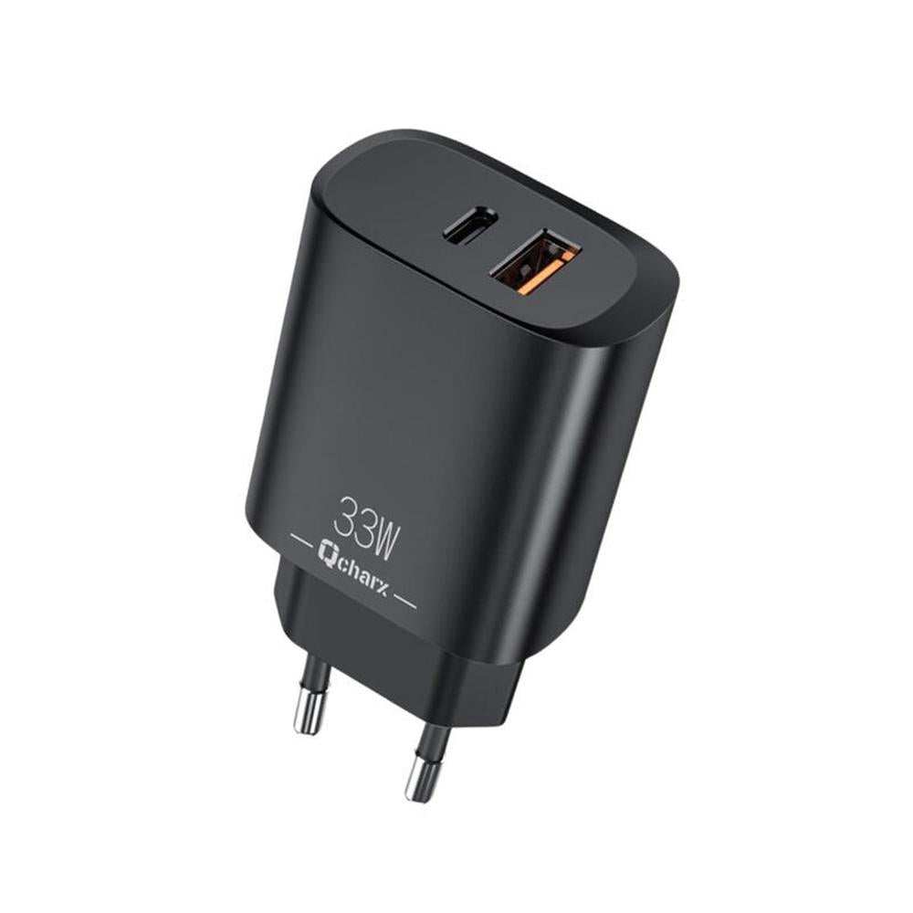 Cargador Qcharx Eros 3A 33W con 2 Puertos Tipo C y 1 USB Negro