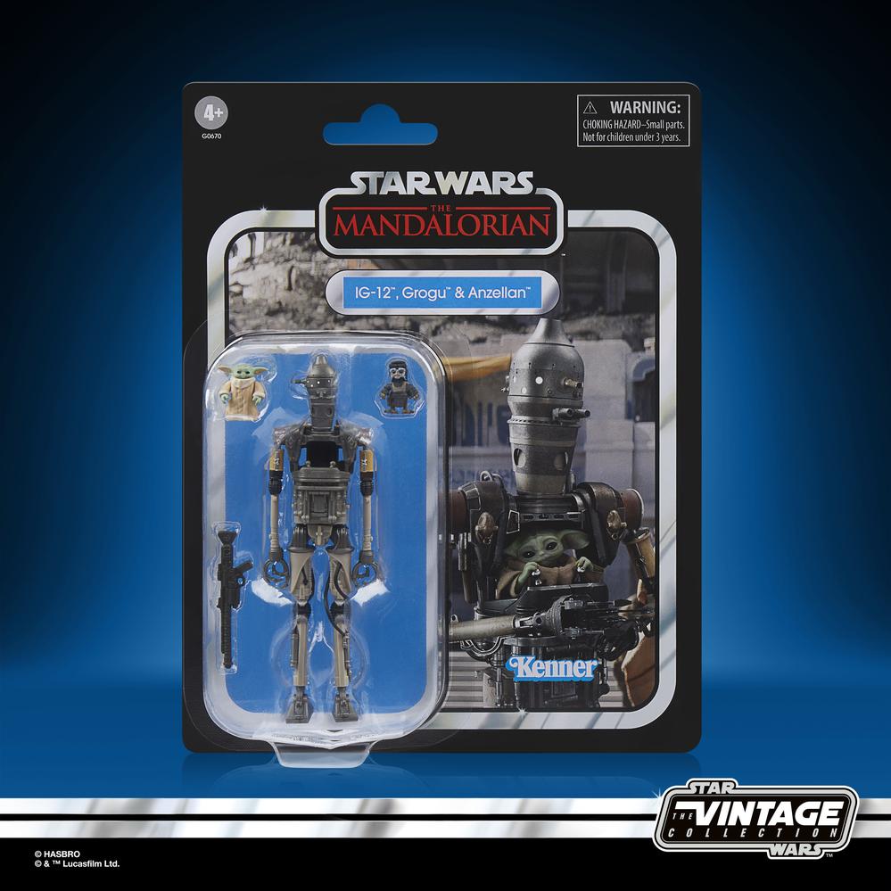 Figura Vintage Star Wars: Mandalorian IG-12, Grogu y Anzellano 9,5 cm