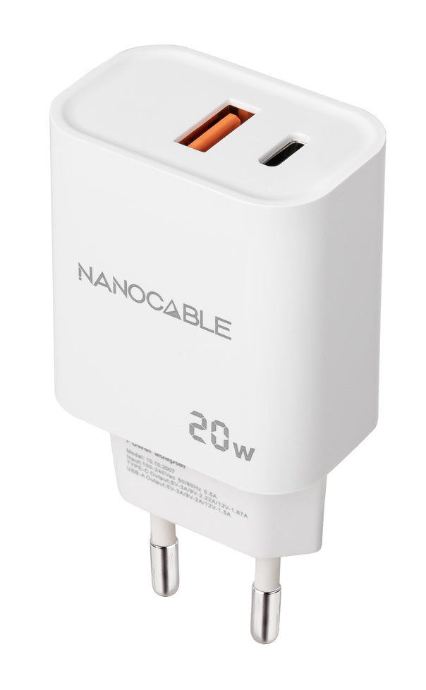 Cargador NANOCABLE 20W USB-C PD y USB-A QC Blanco