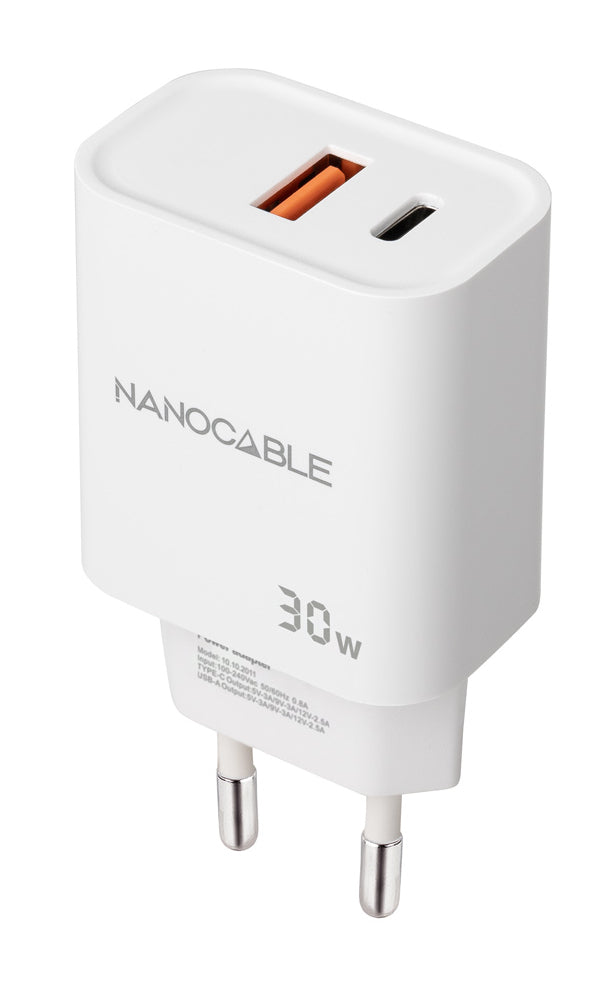 Cargador Nanocable 30W USB-C/USB-A con Power Delivery y Quick Charge Blanco