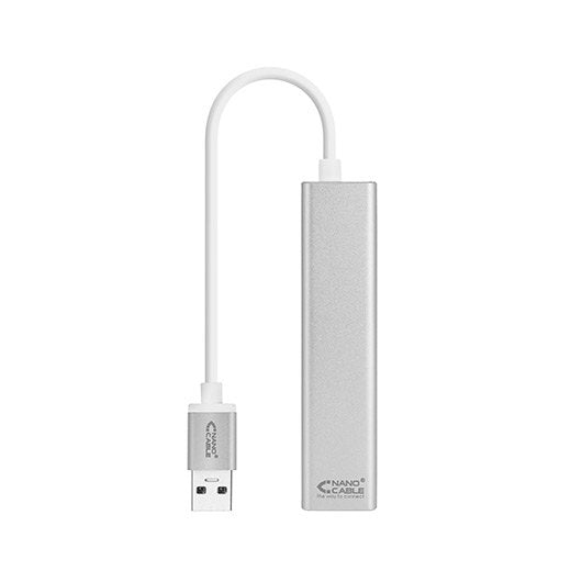 Adaptador USB 3.0 a Ethernet Gigabit con 3 Puertos USB 3.0 - NANOCABLE 0.15m Plata