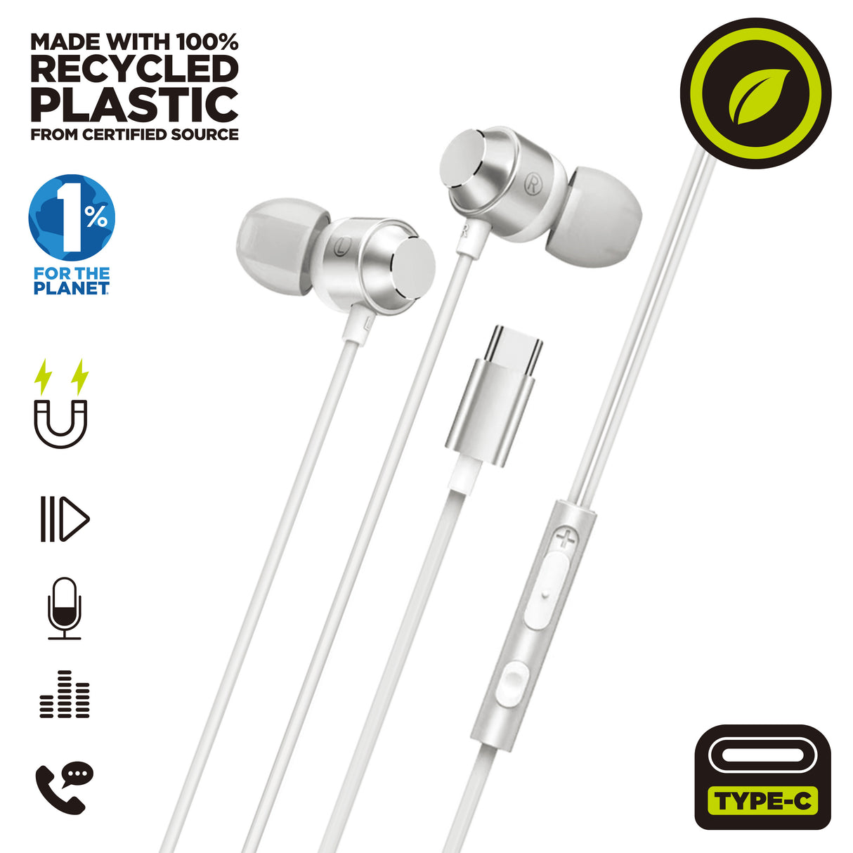 Auriculares Muvit M32 Estéreo Magnéticos USB Tipo C Blancos Eco-Amigables