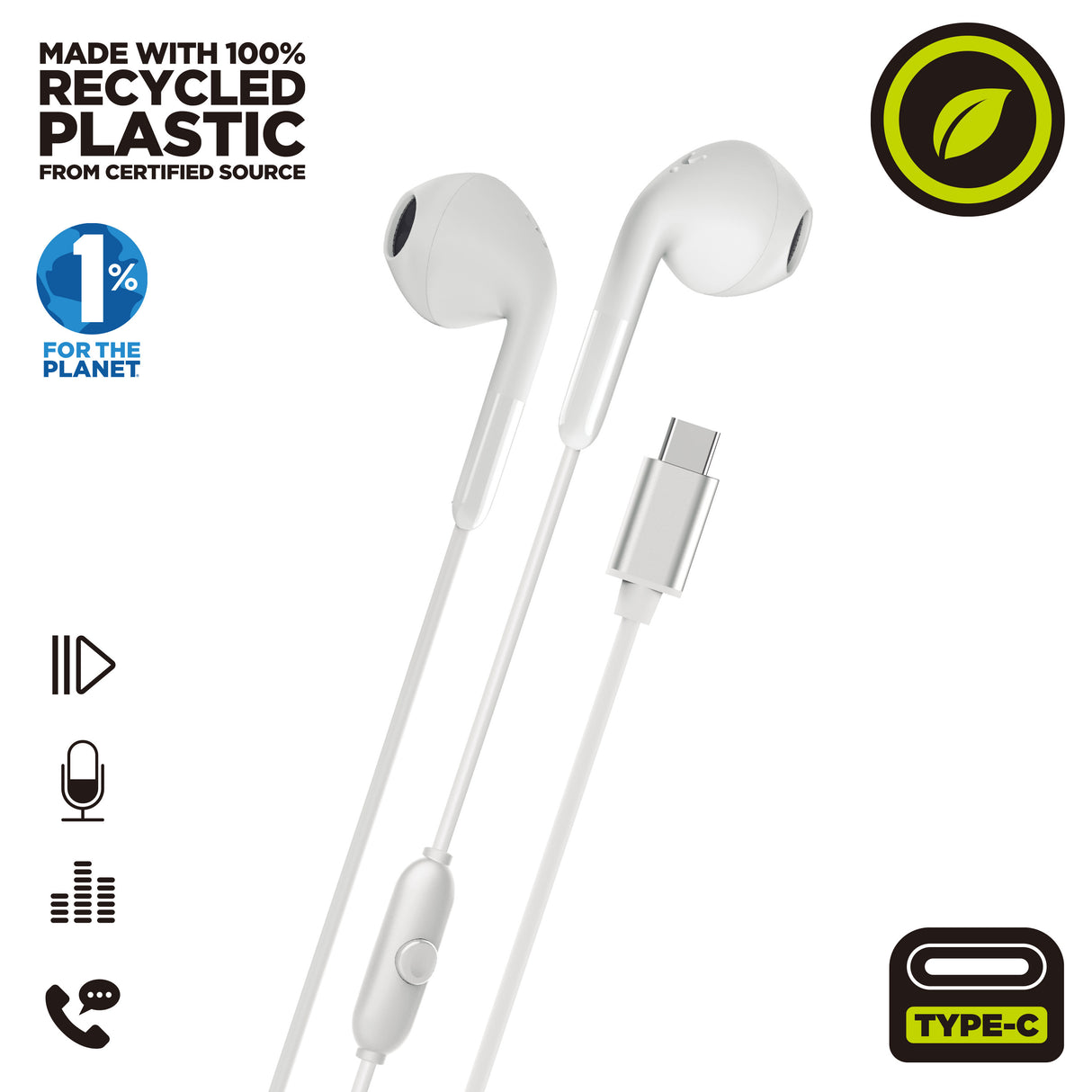 Auriculares Muvit For Change E58 USB Tipo C Blancos Sostenibles