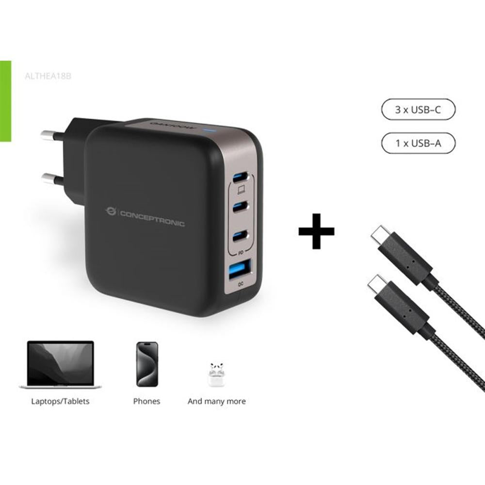Cargador de Pared Conceptronic ALTHEA18B 100W con 3 USB-C y 1 USB-A