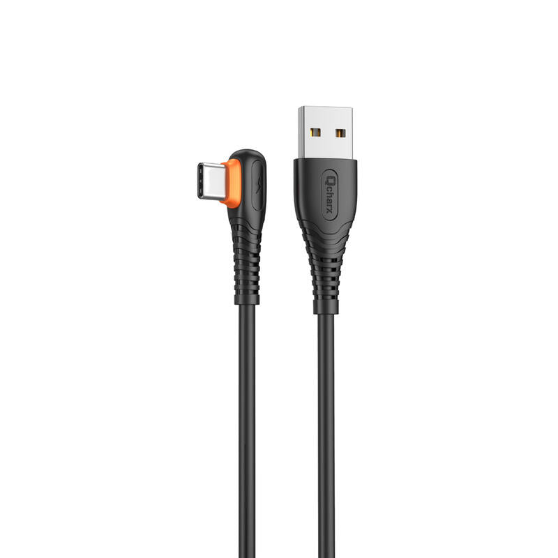 Cable Qcharx London USB A a Tipo C 3A - 1m - Codo PVC Negro