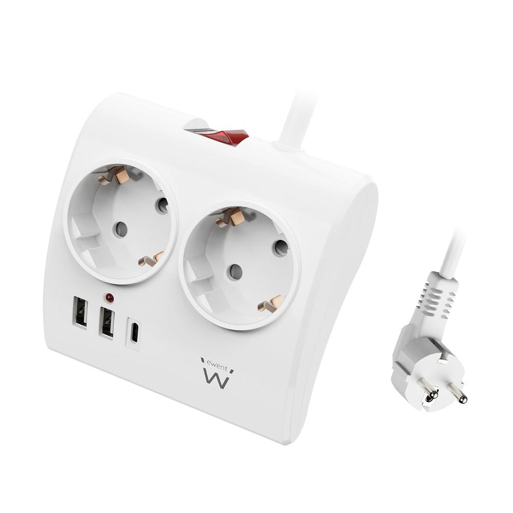 Regleta Ewent: 2 Tomas Schuko y 3 Puertos USB con Interruptor Iluminado