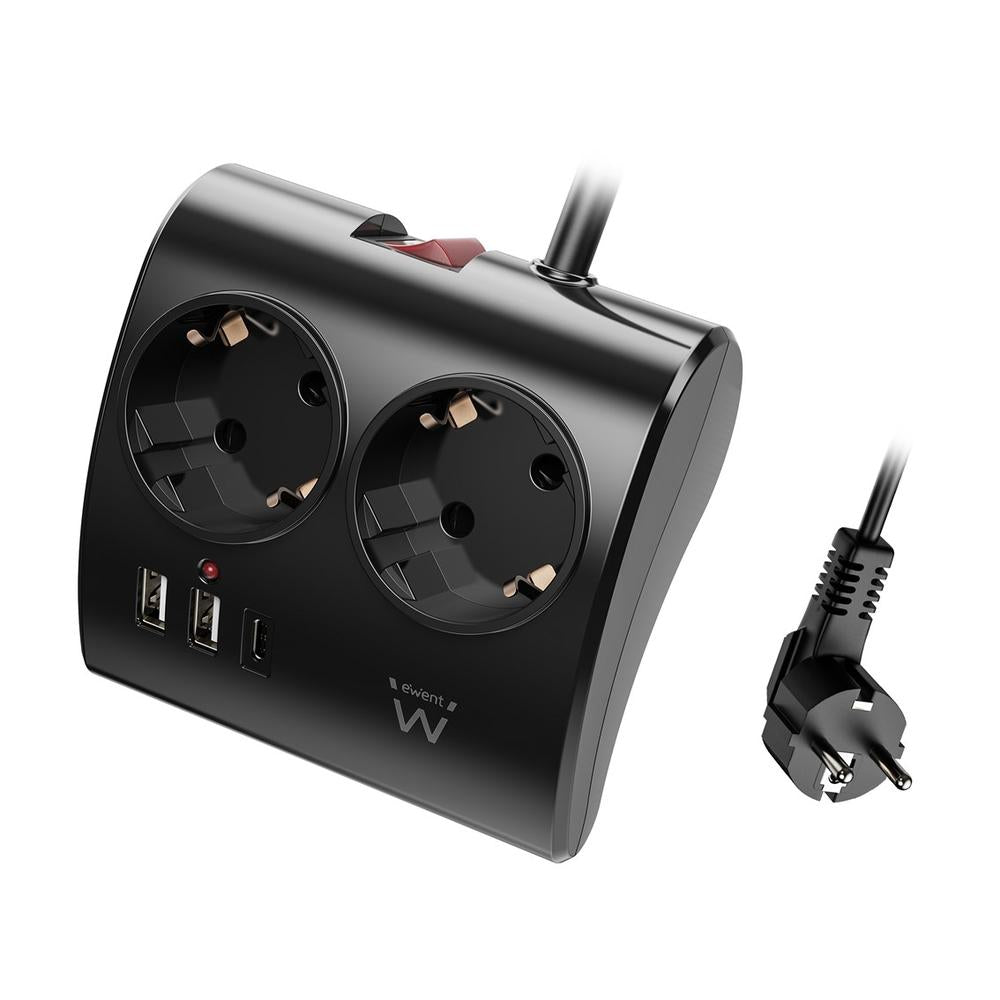 Regleta Ewent EW3870 con 2 Tomas Schuko y 3 Puertos USB (2A + 1C) con Interruptor Iluminado