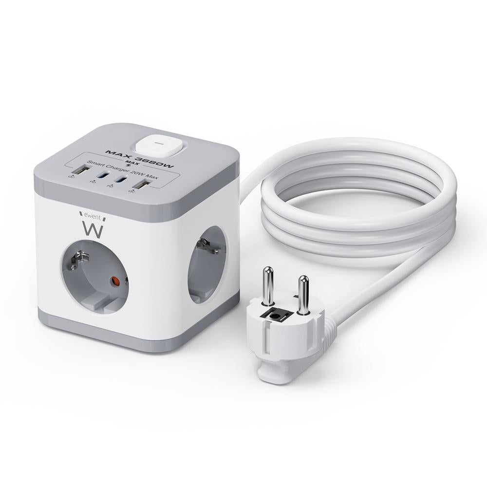 Regleta Sobremesa Ewent EW3863 con 3 Tomas Schuko y 4 Puertos USB