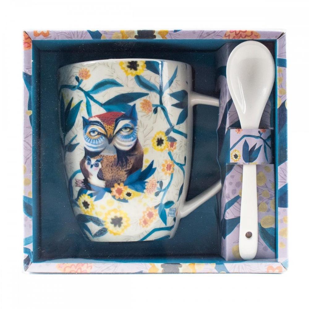 Taza con cuchara Enesco Búhos y flores