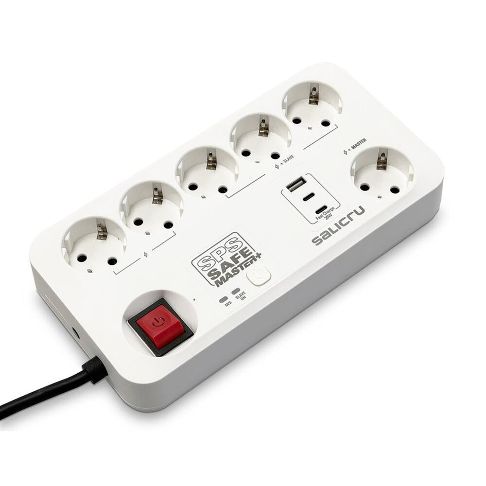 Regleta SPS SAFE 5S+ con 5 Tomas Schuko y 3 Puertos USB, Protección Avanzada
