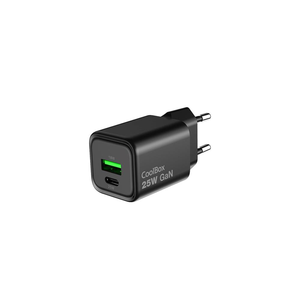 Cargador USB de pared Coolbox 25W GaN USB Tipo A - USB Tipo C Negro